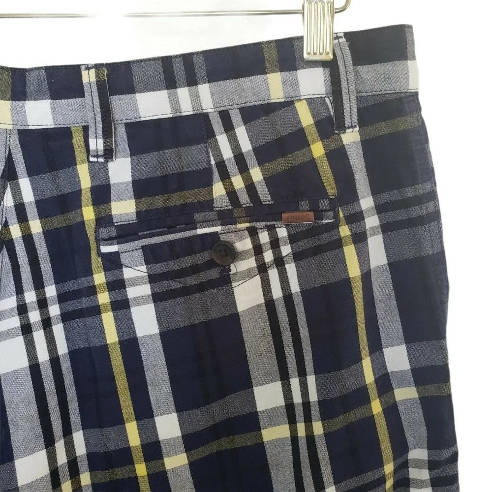 Chaps Flat Front Shorts Mens Size 36 Blue Yellow White Plaid 100% Cotton
